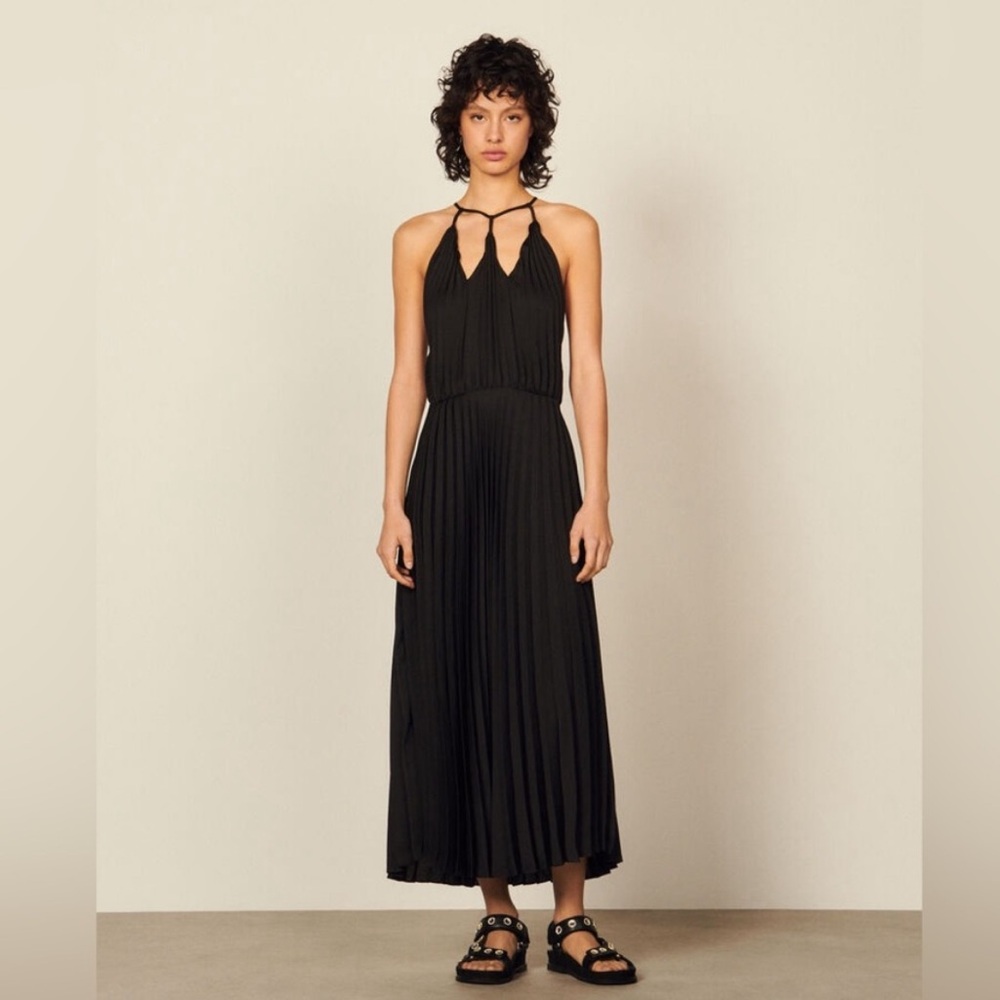 Sandro Black Pleated Satin Midi Dress